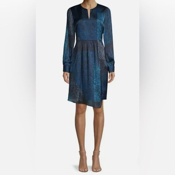 ELIE TAHARI Leopard Patchwork Blue Silk Dress Size 14